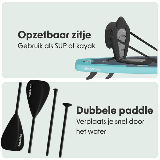 LifeGoods SUP Board Touring - 165 KG Belastbarkeit - 365 x 76 cm - Aufblasbar - mit Sitz - Komplettes Sup Paket - Türkis