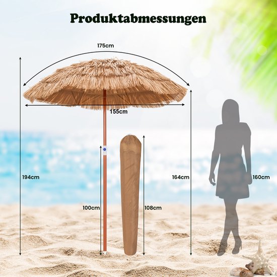 COSTWAY Hawaii Sonnenschirm, Sonnenschirmfuß nicht inbegriffen, kippbarer Strandschirm, Gartenschirm, höhenverstellbar, UV-Schutz, pp Strohsonnenschirm, Marktschirm, natur, 155 cm