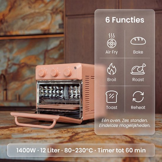 Safecourt 6-in-1 Airfyer Ofen - 100% PFAS-frei - 6 Programme - 80 bis 230 Grad - Airfryer, Backen, Braten, Toasten, Grillen & Aufwärmen - Pink