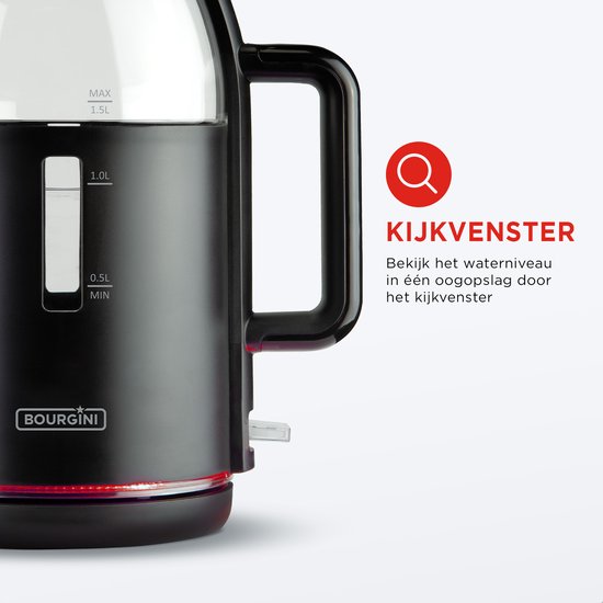 Bourgini Wasserkocher aus Glas - Mattschwarz - Kabelloser Gebrauch - Einfaches Befüllen durch den Deckel - Großes Fassungsvermögen von 1,5 l - BPA-frei