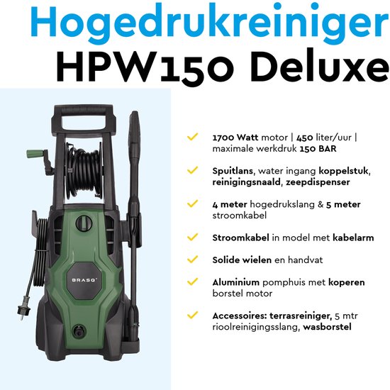 BRASQ Hochdruckreiniger Deluxe - Terrassenreiniger - Hochdrucksprühgerät - 1700W - 150 bar - 450 L/H - Komplettset