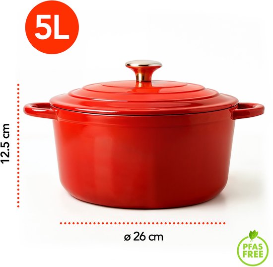 Aviro Gusseisen-Kasserolle - Ø26CM - 5L - Alle Wärmequellen inkl. Induktion - Eintopf - PFAS-frei - Mit Deckel - Rot