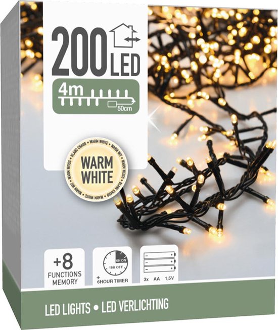 Micro Cluster 200 led - 4m - warmweiß - Batteriebetrieben - 8 Lichtfunktionen - Memory - Timer
