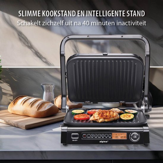 alpina Contact Grill 2100W - Sandwichgerät mit 7 Grillständern - Tischgrill mit herausnehmbaren Platten - Panini Grill 37,6 x 33,1 cm - Antihaftbeschichtung - Edelstahl/Aluminium