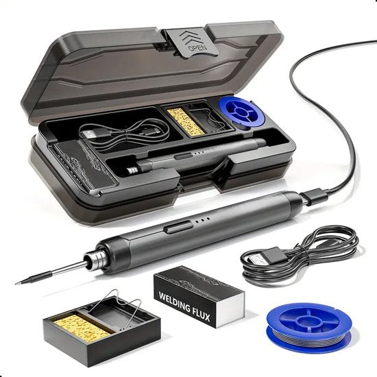 Tech Essentials Kabelloses Lötkolben - 8W - USB-C - Mit Dose - Kit - Feinlöten - Stift - Batterie - Lötset - Löten - Grau