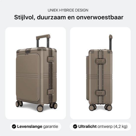 ONYX Hybrid Pro Handgepäck Koffer mit Fronttasche 38 Liter - Recyceltes Polycarbonat und reißverschlussloses Design - Reisekoffer mit TSA-Schloss und Spinner-Rädern - Leichter Trolley mit Laptop-Fach - Desert Clay