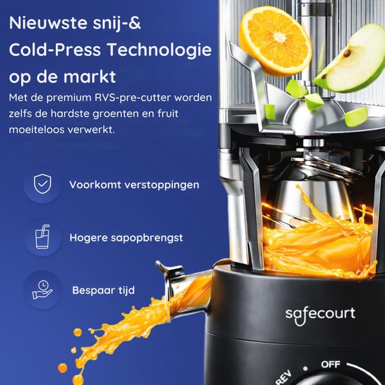 Safecourt Kitchen Slow Juicer - leistungsstarker Motor [Vorschneider & Kaltpress-Technologie] - einfache Reinigung - BPA-frei - Entsafter Schwarz