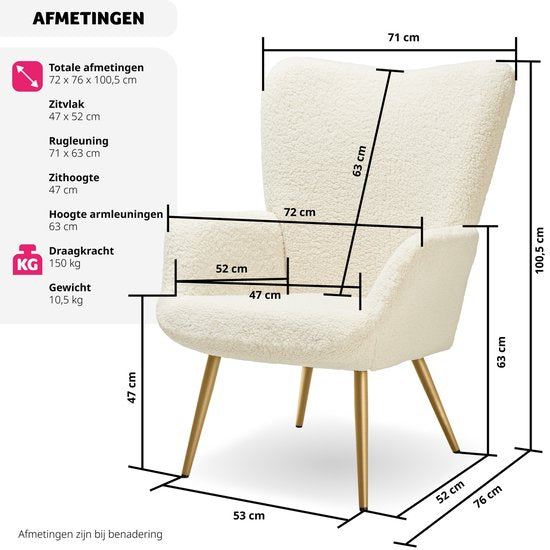 tectake Ohrensessel im skandinavischen Stil - Teddy Chair Hygge - Sessel für Wohnzimmer, Schlafzimmer - Loungesessel - Goldfarbene Metallbeine - Belastbarkeit bis 150 kg - Creme