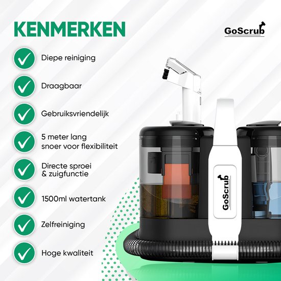 GoScrub® Professioneller Teppichreiniger - Flecken- und Sofareiniger - Für Sofa, Auto, Matratze - Inklusive Reinigungsmittel - Reiniger - Sitzreiniger