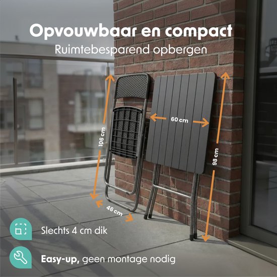 LifeGoods Bistro-Set - 3-teilig - klappbar - Rattan-Look - Garten-Set mit Beistelltisch - Schwarz - 200kg Tragkraft - wetterfest
