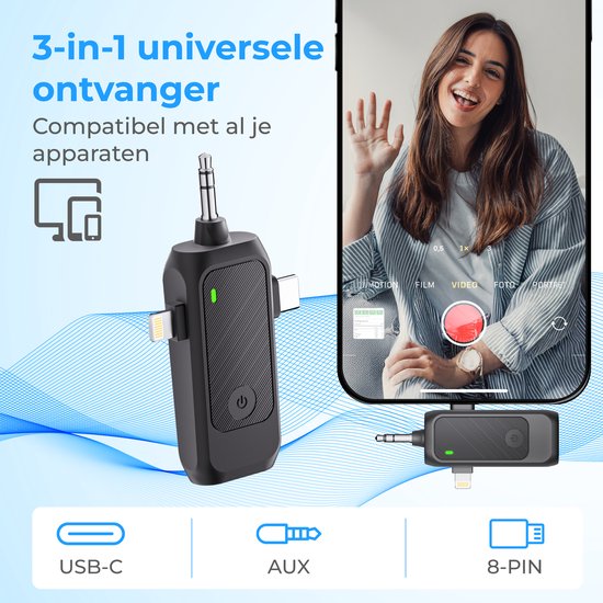 Nuvance Drahtloses Mikrofon - 2 Stück - Drahtloses Mikrofon - Mini Krawattennadelmikrofon - Lavalier - 3 in 1 - Inkl. 2 Windschütze