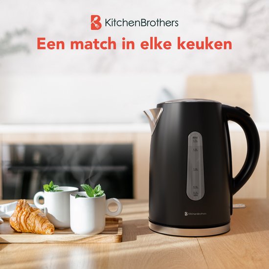 KitchenBrothers Wasserkocher - Elektrisch - 1,7L - 2200W - Edelstahl-Wasserkocher - Schwarz