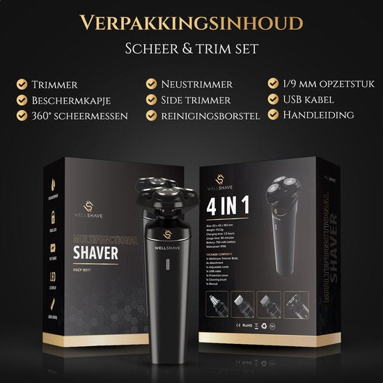 Wellshave 4 in 1 Rasierer für Männer - Mit Trimmer & Nasentrimmer - Nass und trocken - Schwarz