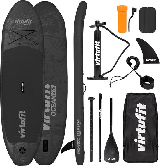 VirtuFit Ocean Aufblasbares SUP-Board 275 cm – Max. 150 kg – Komplettset – Inklusive Pumpe, Paddel, Tragetasche, Zubehör & GoPro-Halterung – Stand-Up-Paddle-Board – Schwarz
