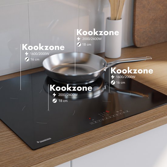 KitchenBrothers Induktionskochfeld - Einbau-Induktionskochfeld - 60 cm - 4 Zonen - 1 und 2 Phasen - bis zu 2400W - Schwarz