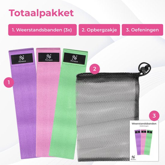 Nuvance - Resistance Bands Set inklusive Tragetasche - 3er Set - Resistance Band - Fitness Elastic - eBook mit zusätzlichen Übungen - Grün Pink und Lila