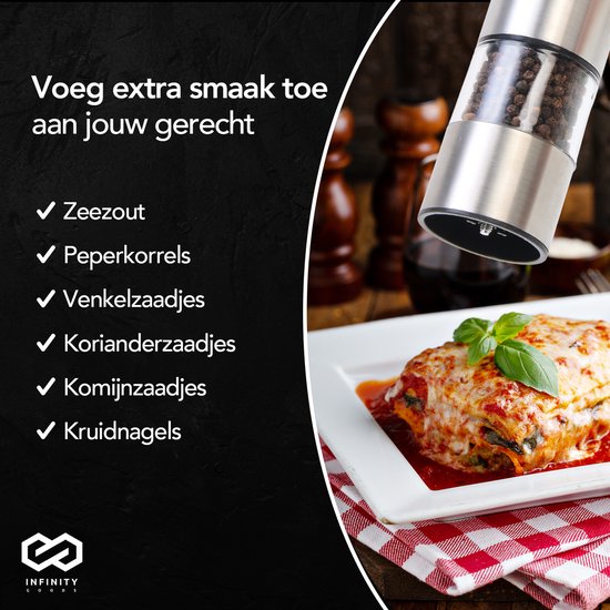 Infinity Goods Elektrische Peper- En Zoutmolen Set - Pepermolen - Zoutmolen - Verstelbare Maalgraad - Kruidenmolen - RVS