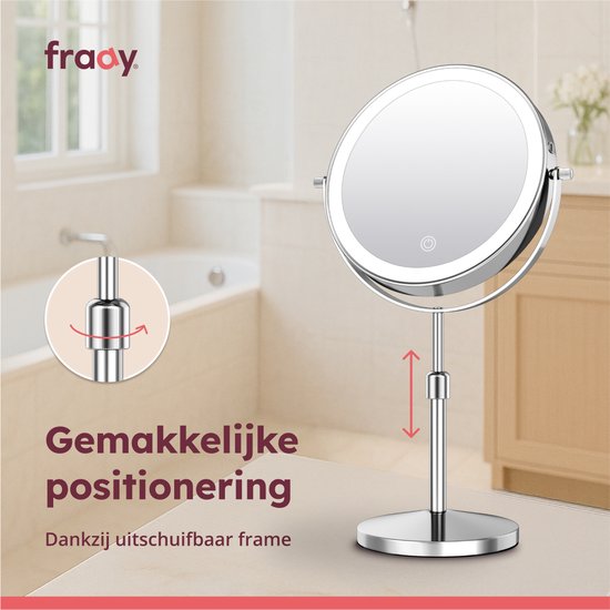 Fraay - Make-up-Spiegel - Mit LED-Beleuchtung - Ø20 cm - 10-fache Vergrößerung - Wiederaufladbar - Doppelseitig - Dimmbar - 3 Lichtmodi - Chrom