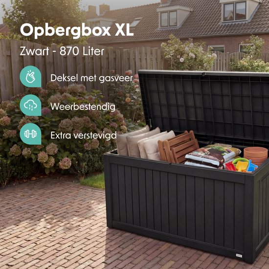 LifeGoods Aufbewahrungsbox - 870L - Kissenbox - Wasserdicht - Garten-Kissenbox - Rostfrei - Gartenbox - 146.5x81.5x85.6 cm - Schwarz