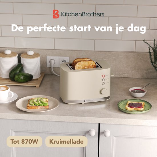 KitchenBrothers Toaster - Toaster - 6 einstellbare Wärmestufen - 2 extra breite Schlitze - 870W - Beige