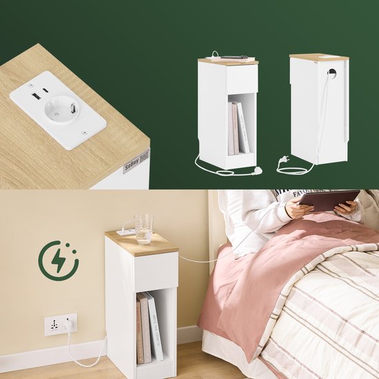 SoBuy Schlanker Nachttisch mit Ladestation, Schmaler Beistelltisch mit Standardsteckdose, USB-Anschluss und Type-C-Anschluss für Schlafzimmer und Wohnzimmer, B20 x T35 x H60 cm, Weiß, FBT111-E-WN