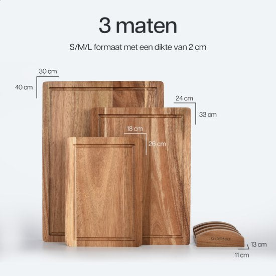 Deleca 3-teiliges Schneidebrett-Set mit Halter (40x30 / 33x24 / 26x18 cm) - Für Küche, Schneidebretter, Servierbrett, Käsebrett, Trinkbrett und Tapasbrett - Schneidebrett Akazienholz