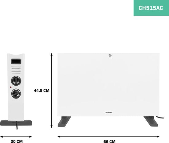 VONROC Elektroheizung - Konvektorheizung - Mit eingebautem Heizkörperlüfter - 2 Stufen: 1250W/2000W - Einstellbarer Thermostat - Beheizt Räume bis zu 24m2 - Modernes Design - Weiß