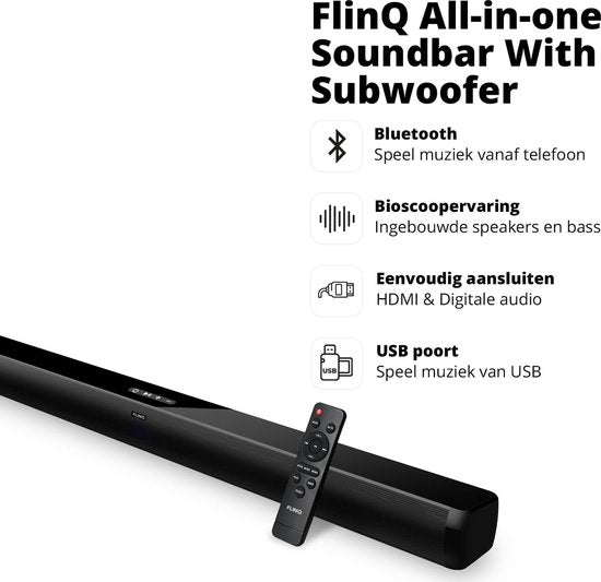 FlinQ - Soundbar - mit Subwoofer - Bluetooth - 3D-Surround-Sound - Fernbedienung - Film/Musik/Nachrichten-Modus - Schwarz