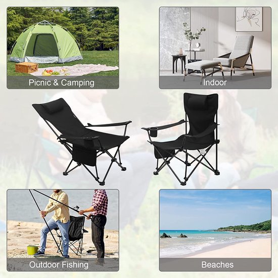 Campingstuhl, klappbarer Klappstuhl, Angelstuhl, leichter Strandstuhl, Klappstuhl mit Rückenlehne, Becherhalter, Aufbewahrungstasche, 150 kg Belastbarkeit, schwarz