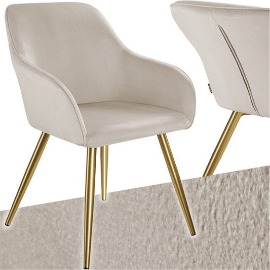 tectake® Marilyn Esszimmerstuhl - Mit Armlehnen - Eleganter Stuhl mit gepolstertem Samtsitz - Gepolstert - Goldene Metallbeine - Ergonomischer Küchenstuhl - Stuhl für Wohnzimmer, Esszimmer und Schlafzimmer - Taupe