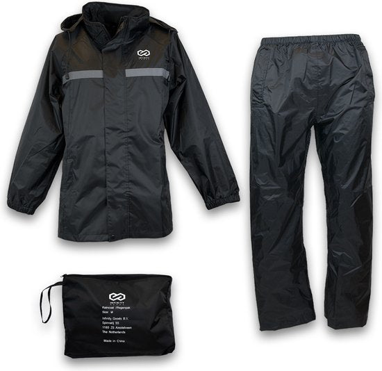 Infinity Goods Regenanzug - Damen & Herren - Größe XL - Wasserdicht & Atmungsaktiv - Reflektierend - Schwarz