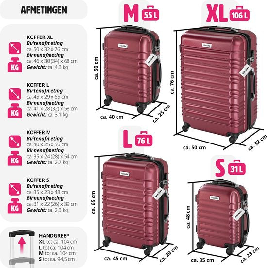 tectake - 4-teiliges Hartschalenkofferset - Reisekofferset mit Rollen - ABS - Teleskopgriff und Schloss - Inklusive Gepäckwaage - Trolleygrößen S-M-L-XL - Rot
