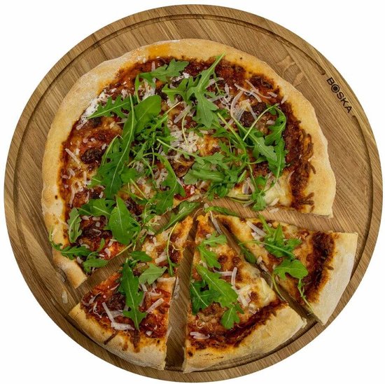 Boska Pizzabrett Friends XL - Grillzubehör - Eichenholz - Praktische Auffangwanne - Ø 40 cm