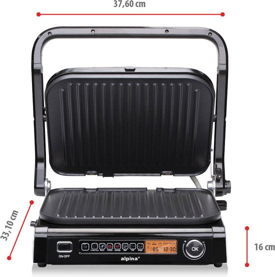 alpina Contact Grill 2100W - Sandwichgerät mit 7 Grillständern - Tischgrill mit herausnehmbaren Platten - Panini Grill 37,6 x 33,1 cm - Antihaftbeschichtung - Edelstahl/Aluminium