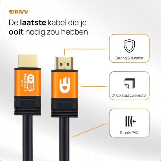 Drivv. Premium HDMI Kabel 2.1 - Ultra HD High Speed 8K - HDMI auf HDMI - Geeignet für Xbox Serie X & PS5 - 3 Meter - Orange