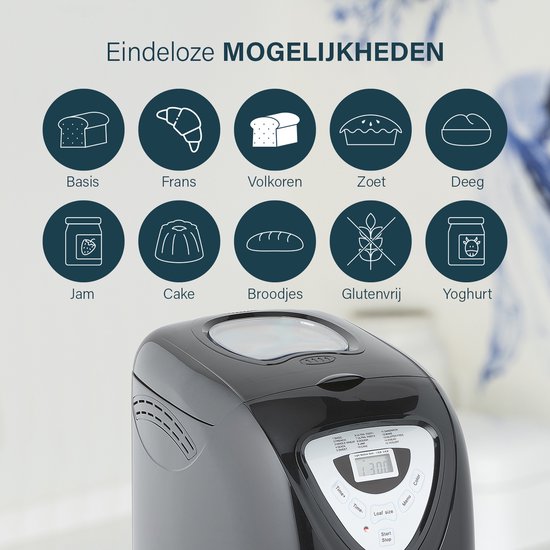 Princess Brotbackautomat 152009 - Timer - Digitalanzeige - 15 Backprogramme - Glutenfrei-Programm - 900 Gr - 600 Watt - Schwarz/Silber
