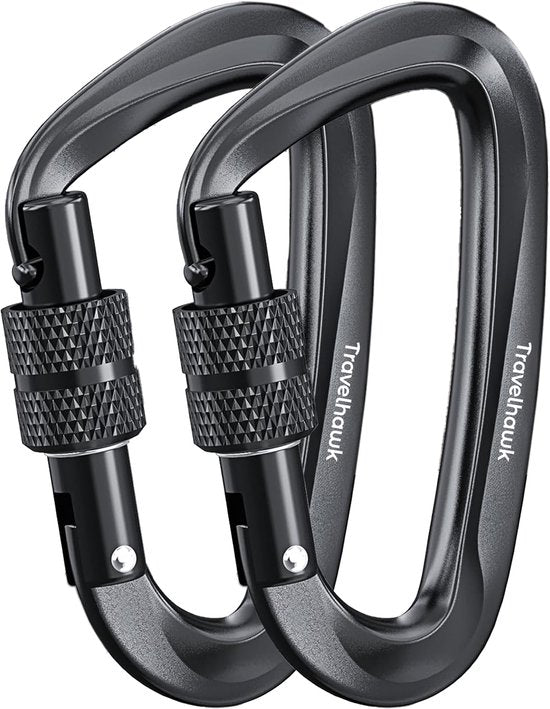 Travelhawk Karabiner - Musketonhaken mit Schraubverschluss - Karabiner Schlüsselanhänger - Aluminium - Schwarz