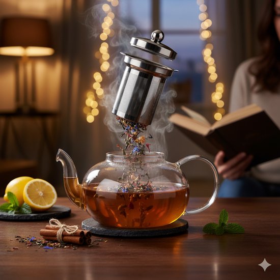 Vaja® Glas-Teekanne mit Edelstahlfilter - 1,4 Liter - Tee-Ei - Für losen Tee / Teeblumen - Weihnachtsgeschenk - Borosilikatglas-Tropfschutz-Ausguss