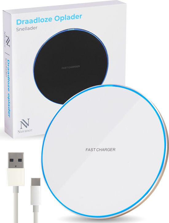 Nuvance - Wireless Charger 15W - Inklusive Kabel - Wireless Charger - Schnelles Ladegerät - Geeignet für alle Qi Smartphones - Weiß und Gold