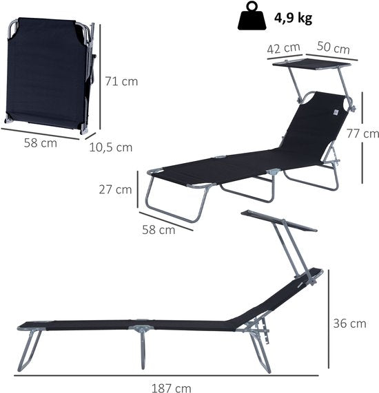 Outsunny Sonnenliege – zusammenklappbar – mit Sonnendach – 4 Positionen – schwarz