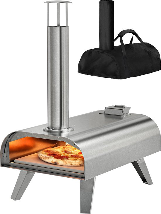 KitchenBrothers Pizzaofen - Holzbefeuert - Tischplatte - mit Schutzhülle - klappbar - Pizzastein - bis 460°C - Edelstahl - Komplettset - Pizzaofen für draußen - Edelstahl