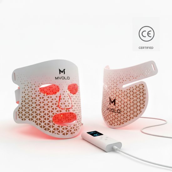 Mvolo® LED-Gesichtsmaske - Professionelle Rotlicht-Therapie-Maske mit Halsmaske - Infrarot-Lichtmaske 4 Wellenlängen - Kabellos - Hautpflege
