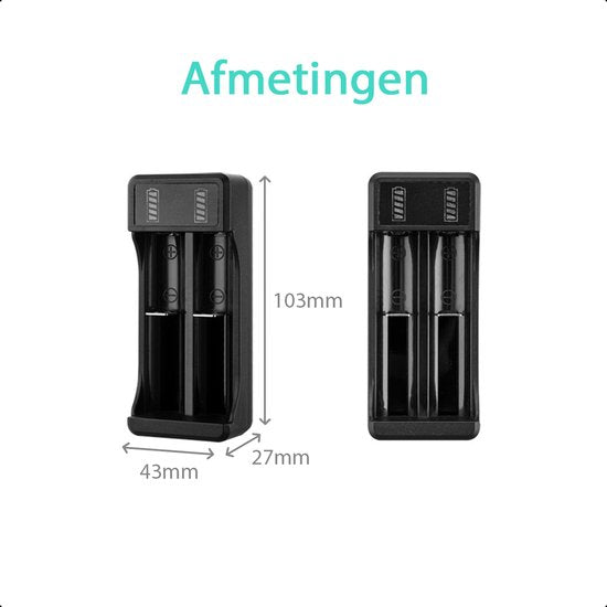 Tech Essentials 2 Slots 18650 Ladegerät mit 2x 18650 Akkus 2600mAh 3.7V - 7.8A - USB-C - Li-ion 3.7V - Lithium - Halter - Batterie