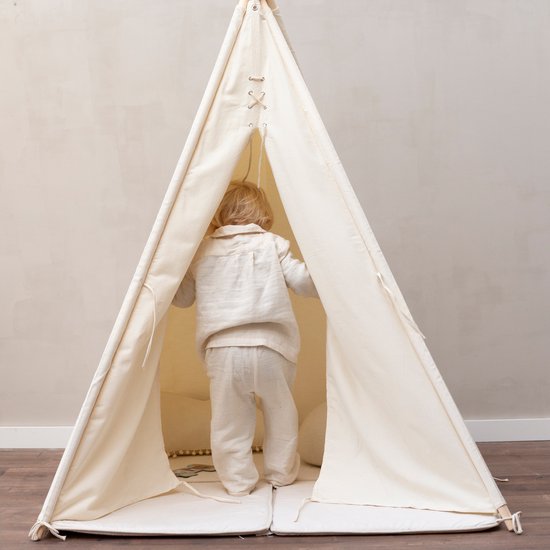 Sunny Alba Tipi-Zelt Creme/Weiß für Kinder - Wigwam Spielzelt mit Fenstern aus Baumwolle - Tipi-Zelt Kinder mit Kuschelteppich - 120x120x160cm - Gestänge FSC Holz
