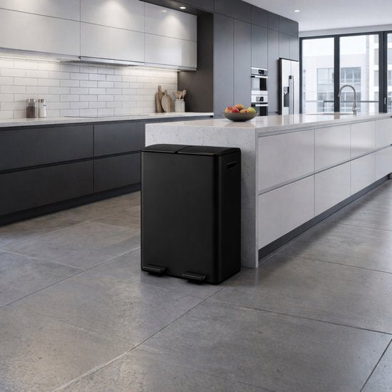 Bayt Mülleimer - Mülleimer 60 Liter (2x30) - Mülleimer 60 Liter - Treteimer 60 Liter - Mülleimer Mülltrennung - Mülleimer 2 Fächer - Mülleimer - Edelstahl - Schwarz