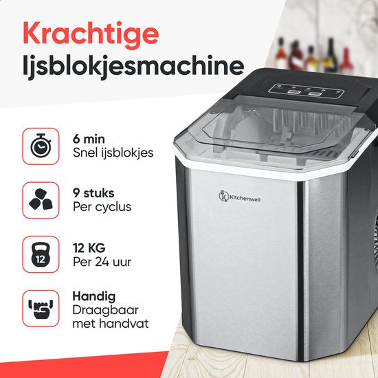 Kitchenwell Eiswürfelbereiter - 1.3L - Eiswürfelbereiter - Eisportionierer - 12kg/24 Stunden - Tragbar - Selbstreinigungsfunktion - Edelstahl