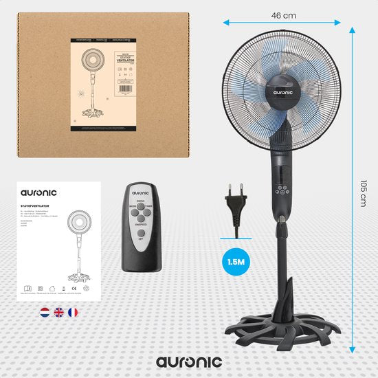 Auronic Stativventilator - Standventilator mit Fernbedienung - Timer - 50W - 53dB - Schwarz