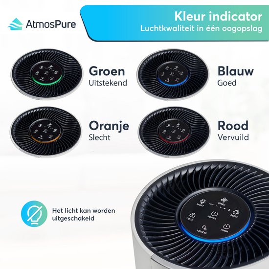 AtmosPure® CleanAir Luftreiniger - Luftreiniger mit austauschbarem HEPA 13 + Kohlefilter - CADR 250 m³/h - Weiß - Für 97 m² - Wirkt gegen Staubmilben, Heuschnupfen, Allergien, -3 Modi + stiller Schlafmodus - Luftqualitätssensor