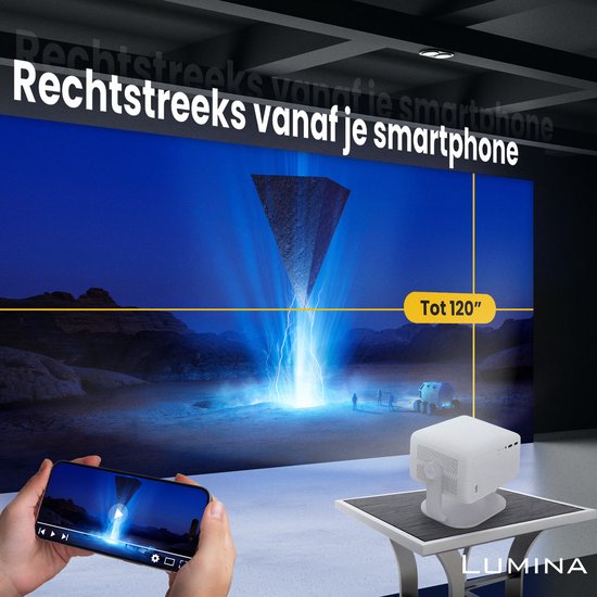 Lumina® Stellar Beamer 2025 - 4K Ultra HD - Automatische Leinwand & Richtfunktion - All-in-one Smart TV Projektor - Für iOS & Android - Weiß