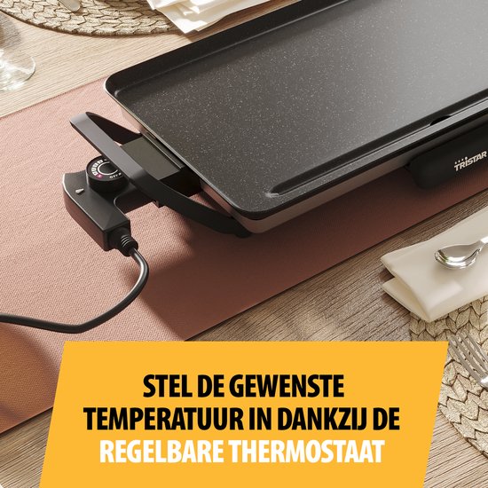 Tristar Grillplatte BP-2667 - Tischgrill M: 46 x 26 cm - Für den Innen- und Außenbereich - BPA frei - Gourmet-Grillplatte für den Tisch - 4 bis 6 Personen - Mit einstellbarem Thermostat - Antihaftbeschichtung - Schwarz
